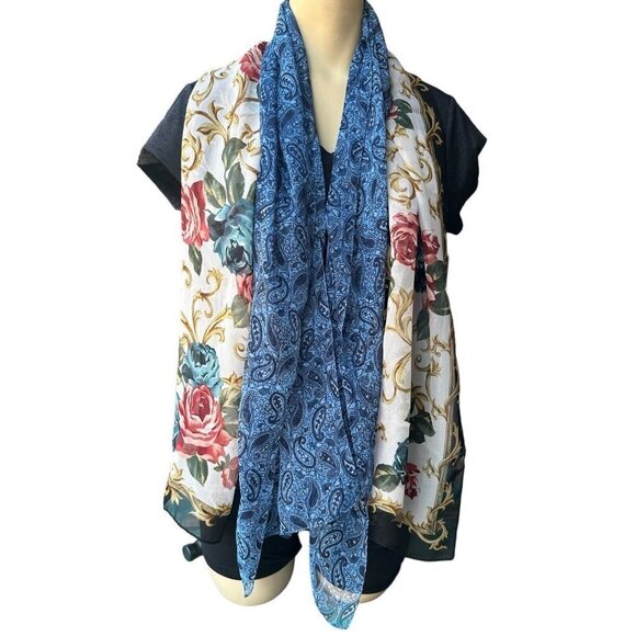 Scarves Scarf Paisley Blue Floral Roses‎ Multicolor Set Of 2 Sheer 58"x 13" - Picture 2 of 12